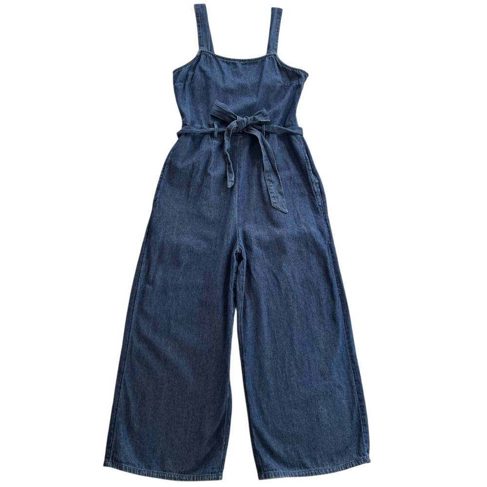 American Eagle Womens 0 Dark Wash Denim Tank Tie Waist Cropped Wide Leg Jumpsuit